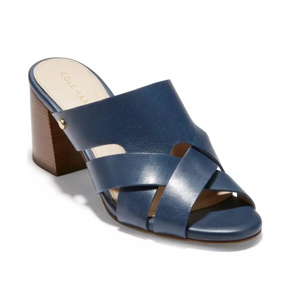 NIB Cole Haan Jodie Block Heel Mule Sandals Sz 6 Navy Blue Leather Woven Strap - Picture 1 of 6